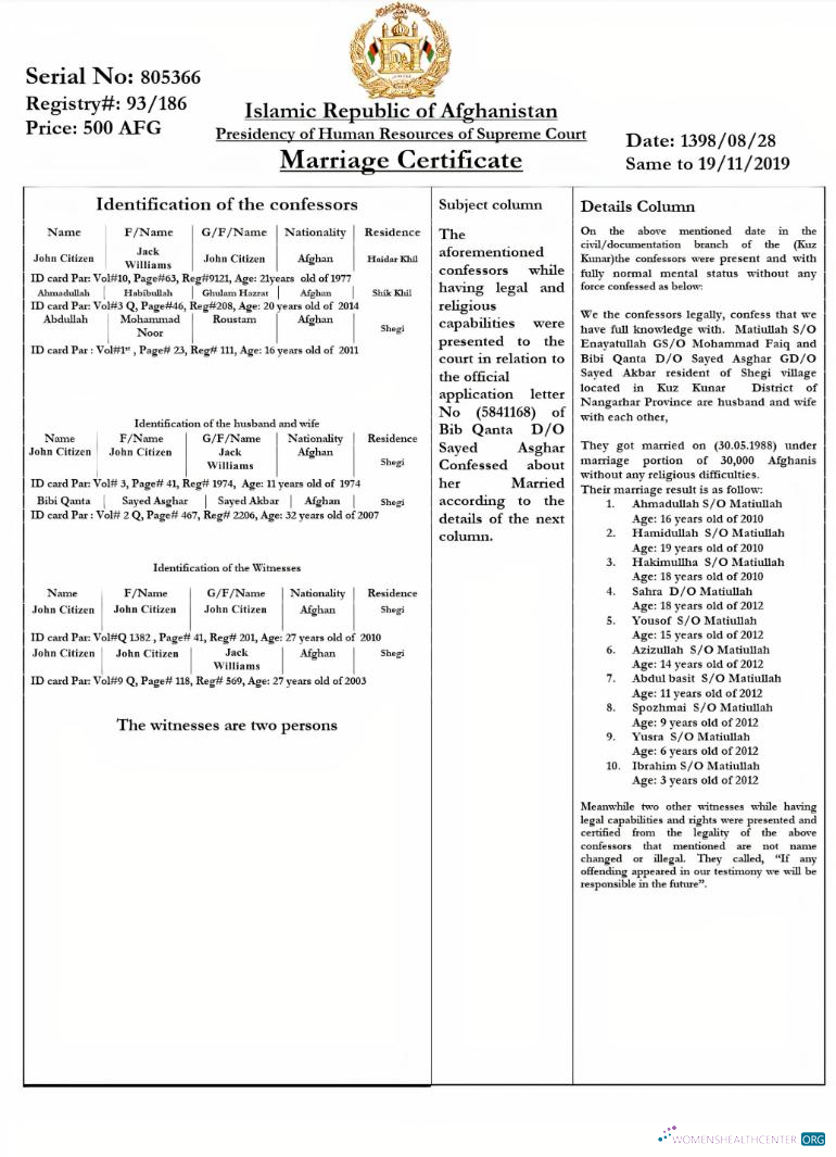 Download AFGHANISTAN marriage certificate Photoshop template